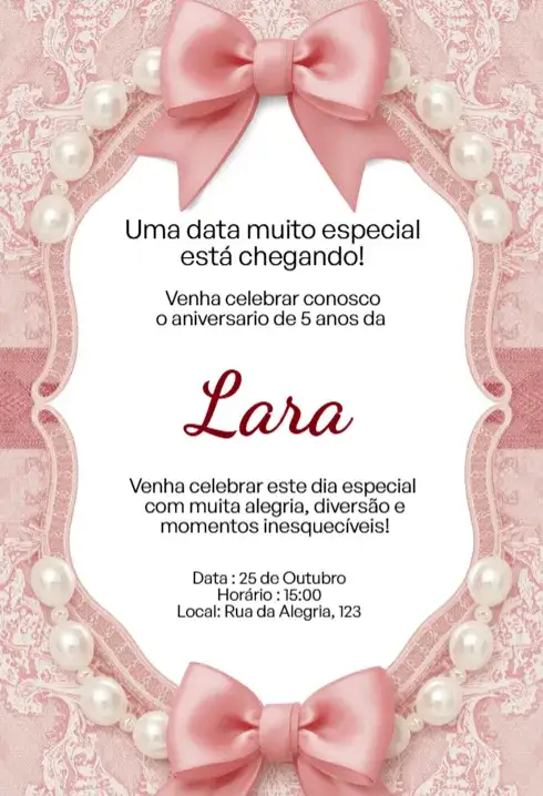 Invitación Invitación Rosa con Moño y Perlas Editable para Cumpleaños Infantil – tema Cumpleaños Infantil rosa pastel, elegante, princesa, femenino, delicado