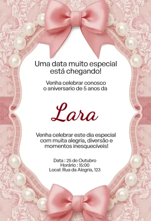 Invitación Invitación Rosa con Moño y Perlas Editable para Cumpleaños Infantil editable y personalizable