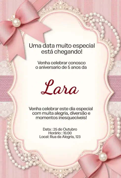 Invitation Convite Rosa com Laço e Pérolas Editável para Aniversário Infantil – Aniversário Infantil theme rosa, delicado, feminino, infantil, elegante