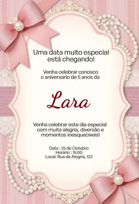 Invitación Invitación Rosa con Lazo y Perlas Editable para Cumpleaños Infantil editable y personalizable