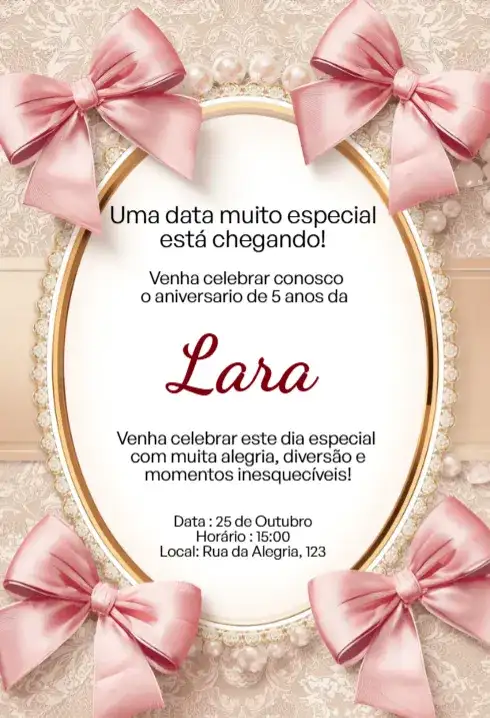Convite Rosa com Laço e Pérolas Editável para Aniversário Infantil