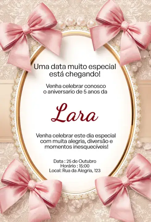 Convite Convite Rosa com Laço e Pérolas Editável para Aniversário Infantil – tema Aniversário Infantil rosa, delicado, feminino, elegante, infantil, princesa