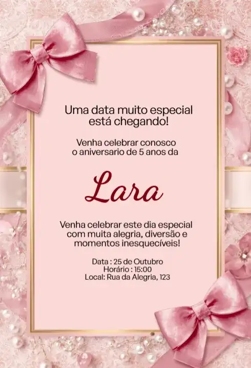 Convite Rosa com Laço e Pérolas Editável para Aniversário Infantil