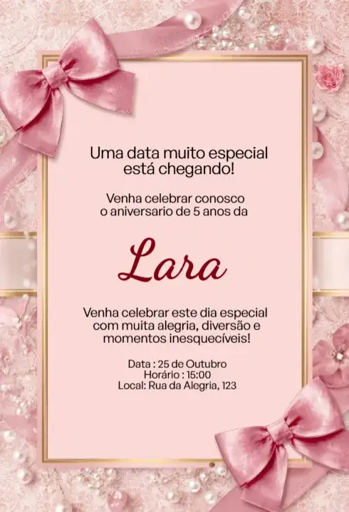 Convite Convite Rosa com Laço e Pérolas Editável para Aniversário Infantil – tema Aniversário Infantil rosa bebê, feminino, delicado, moderno, princesa, elegante