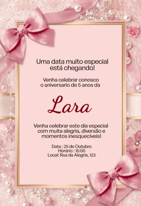 Invitación Invitación Rosa con Lazo y Perlas Editable para Cumpleaños Infantil editable y personalizable