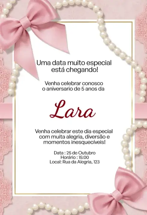 Convite Convite Rosa com Laço e Pérolas Editável para Aniversário Infantil – tema Aniversário Infantil rosa, feminino, princesa, delicado, elegante