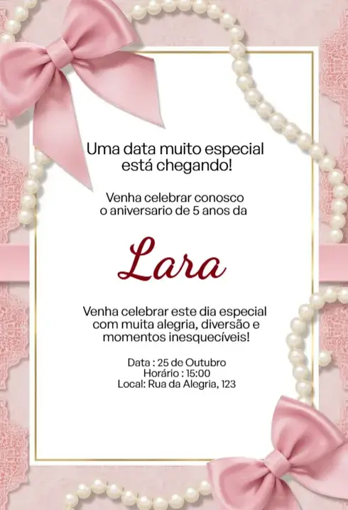 Invitación Invitación Rosa con Lazo y Perlas Editable para Cumpleaños Infantil editable y personalizable