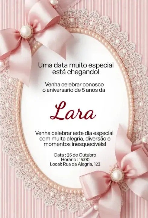 Convite Rosa com Laço e Renda Editável para Aniversário Infantil