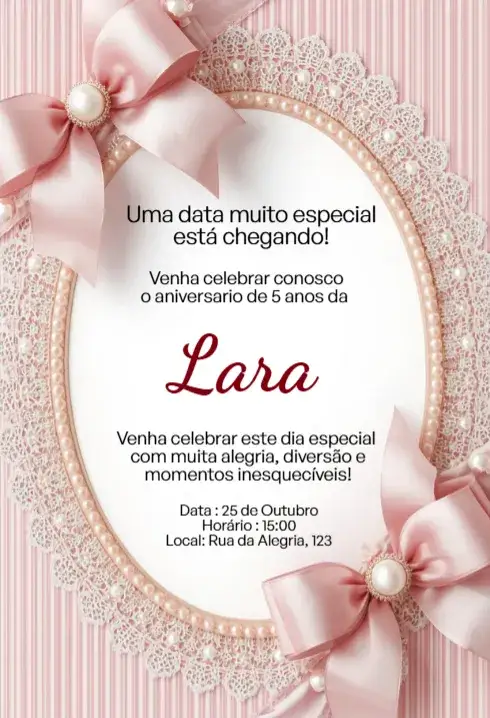 Convite Convite Rosa com Laço e Renda Editável para Aniversário Infantil – tema Aniversário Infantil rosa bebê, elegante, princesa, renda, feminino, delicado