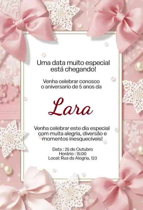 Convite Rosa com Laço e Renda Editável para Aniversário Infantil