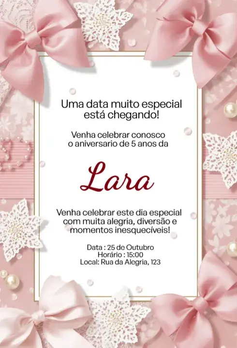 Invitación Rosa con Lazo y Encaje Editable para Cumpleaños Infantil