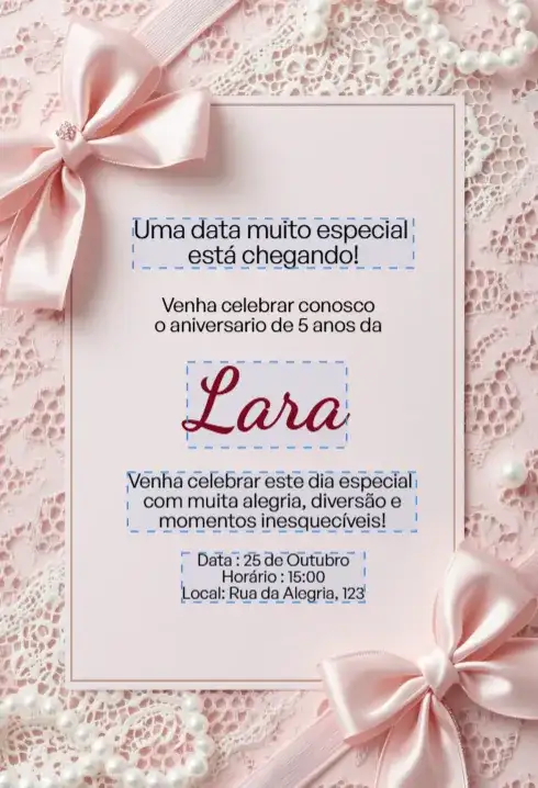Convite Rosa com Laço e Renda Editável para Aniversário Infantil