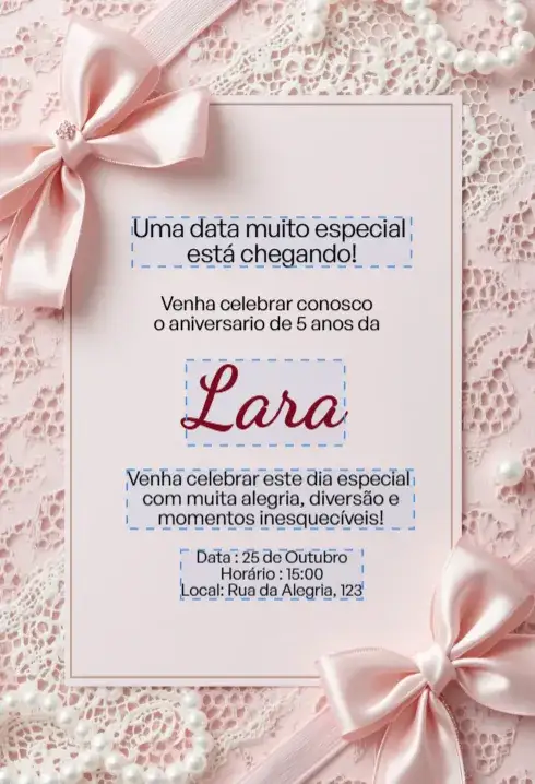 Convite Convite Rosa com Laço e Renda Editável para Aniversário Infantil – tema Aniversário Infantil rosa bebê, renda delicada, laço encantador, feminino, princesa, mágico