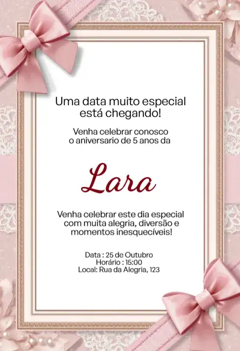 Convite Rosa com Laço e Renda Editável para Aniversário Infantil