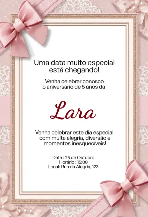 Invitación Rosa con Lazo y Encaje Editable para Cumpleaños Infantil