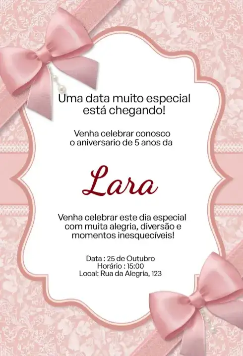 Convite Rosa com Laço Editável para Aniversário Infantil