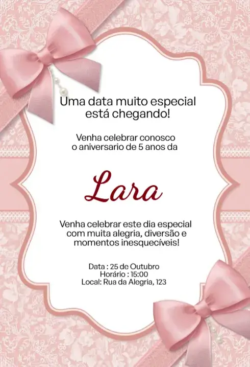 Convite Rosa com Laço Editável para Aniversário Infantil