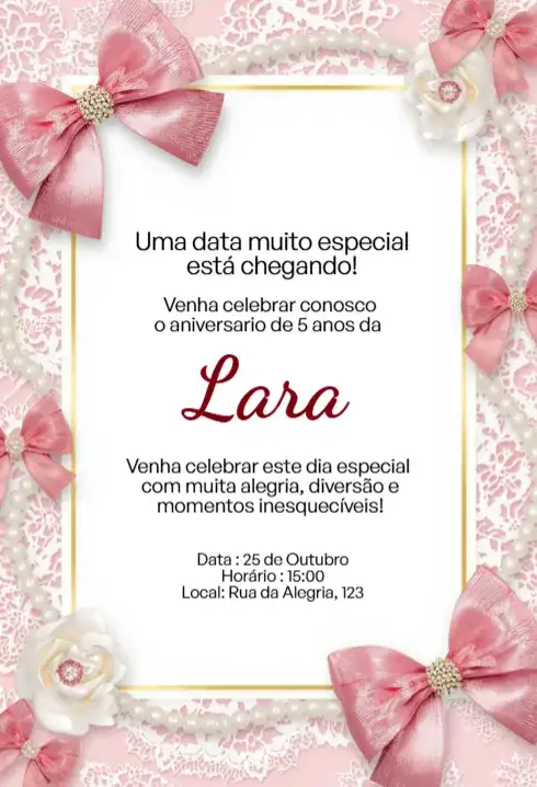 Convite Rosa com Laço, Pérolas e Flores Editável para Aniversário Infantil