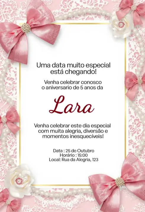 Convite Convite Rosa com Laço, Pérolas e Flores Editável para Aniversário Infantil – tema Aniversário Infantil floral, romântico, elegante, feminino, delicado, infantil