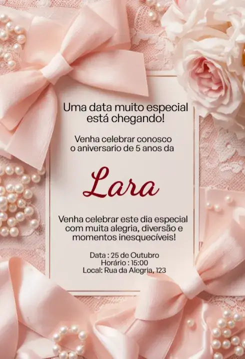 Convite Convite Rosa com Laço, Pérolas e Flores Editável para Aniversário Infantil – tema Aniversário Infantil floral, feminino, rosa, delicado, colorido, elegante