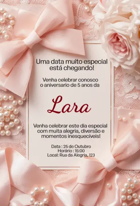 Invitación Invitación Rosa con Lazo, Perlas y Flores Editable para Cumpleaños Infantil editable y personalizable