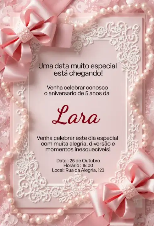 Convite Rosa com Laço, Pérolas e Moldura Arabesco Editável para Aniversário Infantil