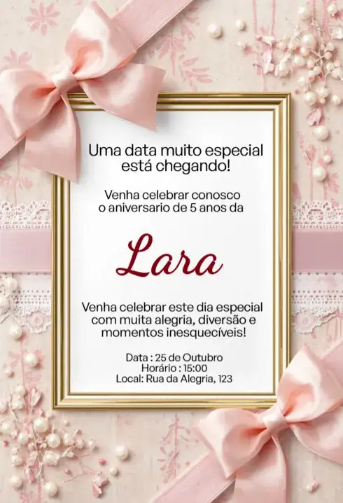 Convite Rosa com Laço, Pérolas e Moldura Dourada Editável para Aniversário Infantil
