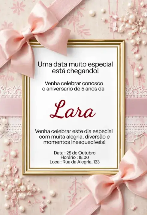 Convite Convite Rosa com Laço, Pérolas e Moldura Dourada Editável para Aniversário Infantil – tema Aniversário Infantil rosa bebê, elegante, dourado, feminino, princesa, glamouroso