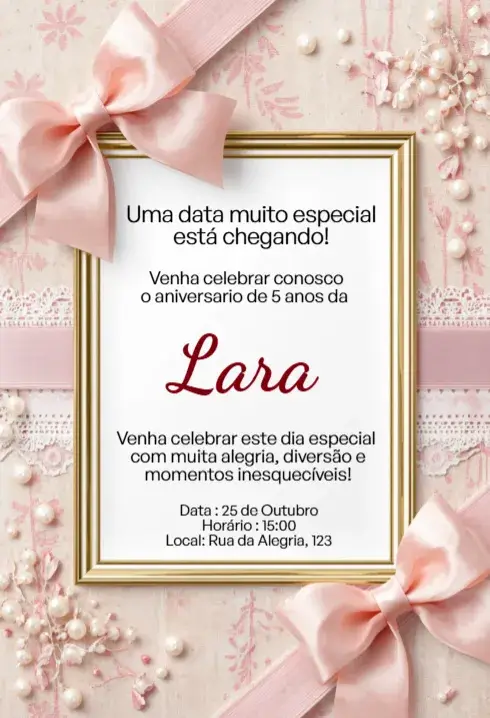 Invitación Invitación Rosa con Lazo, Perlas y Marco Dorado Editable para Cumpleaños Infantil editable y personalizable