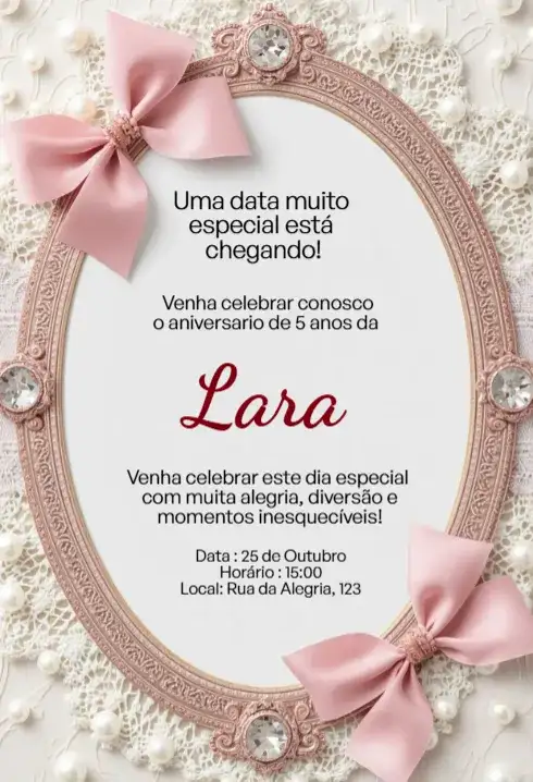 Convite Rosa com Laço, Pérolas e Moldura Oval Editável para Aniversário Infantil