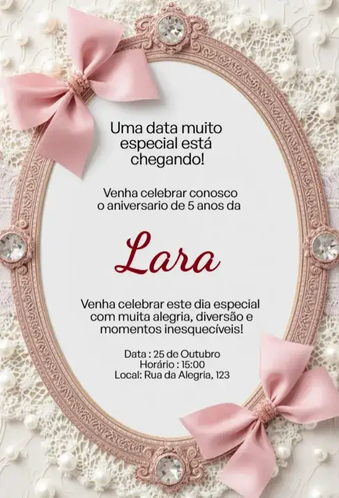 Convite Convite Rosa com Laço, Pérolas e Moldura Oval Editável para Aniversário Infantil – tema Aniversário Infantil rosa bebê, elegante, feminino, princesa, delicado