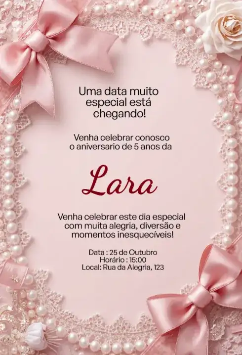 Convite Rosa com Laço, Pérolas e Renda Editável para Aniversário Infantil