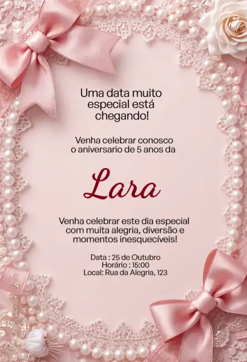 Convite Convite Rosa com Laço, Pérolas e Renda Editável para Aniversário Infantil – tema Aniversário Infantil rosa bebê, princesa, elegante, feminino, delicado