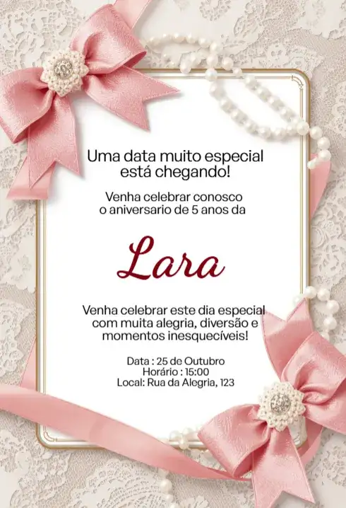 Convite Rosa com Laço, Pérolas e Renda Editável para Aniversário Infantil