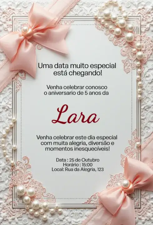 Convite Rosa com Laço, Pérolas e Renda Editável para Aniversário Infantil