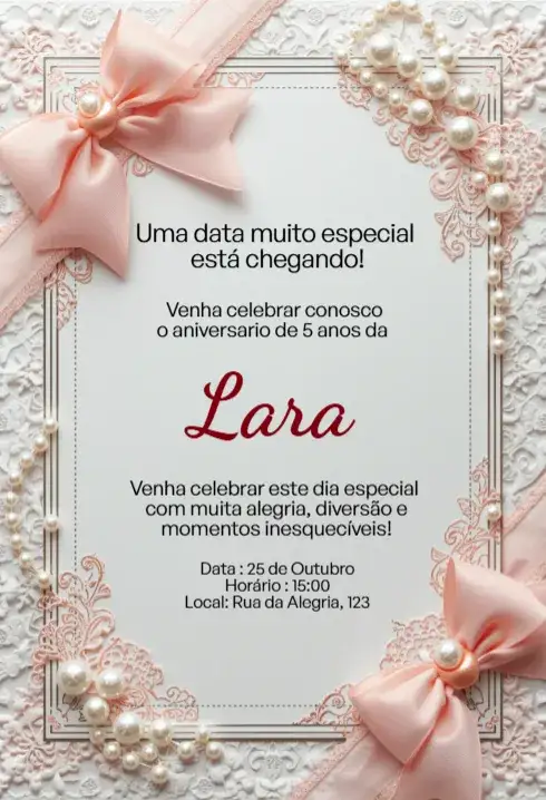 Convite Convite Rosa com Laço, Pérolas e Renda Editável para Aniversário Infantil – tema Aniversário Infantil rosa, renda, elegante, feminino, princesa
