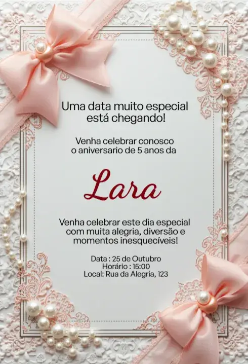 Invitación Invitación Rosa con Lazo, Perlas y Encaje Editable para Cumpleaños Infantil editable y personalizable