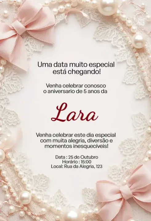 Convite Convite Rosa com Laço, Renda e Pérolas Editável para Aniversário Infantil – tema Aniversário Infantil rosa, elegante, princesa, delicado, feminino