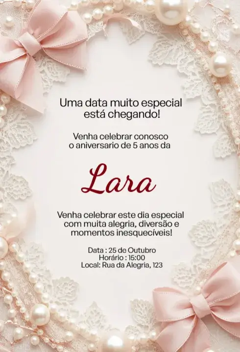 Invitación Invitación Rosa con Lazo, Encaje y Perlas Editable para Cumpleaños Infantil editable y personalizable