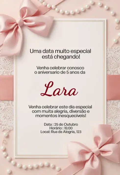Convite Rosa com Laço, Renda e Pérolas Editável para Aniversário Infantil