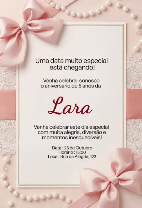 Convite Convite Rosa com Laço, Renda e Pérolas Editável para Aniversário Infantil – tema Aniversário Infantil rosa bebê, romântico, delicado, elegante, feminino