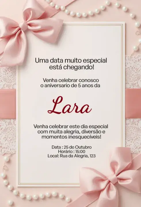 Editable Pink Invitation with Bow, Lace, and Pearls for Children's Birthday