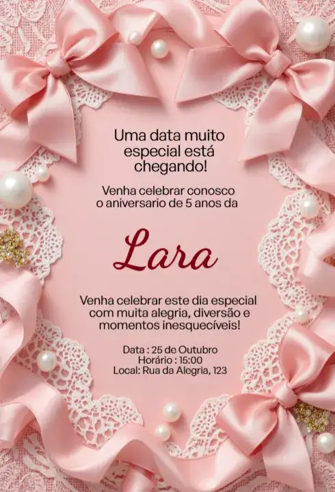 Convite Convite Rosa com Laço, Renda e Pérolas Editável para Aniversário Infantil – tema Aniversário Infantil rosa, delicado, princesa, elegante, infantil, feminino