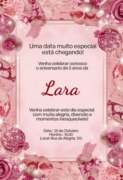 Convite Rosa Delicado com Glitter Editável para Aniversário Infantil