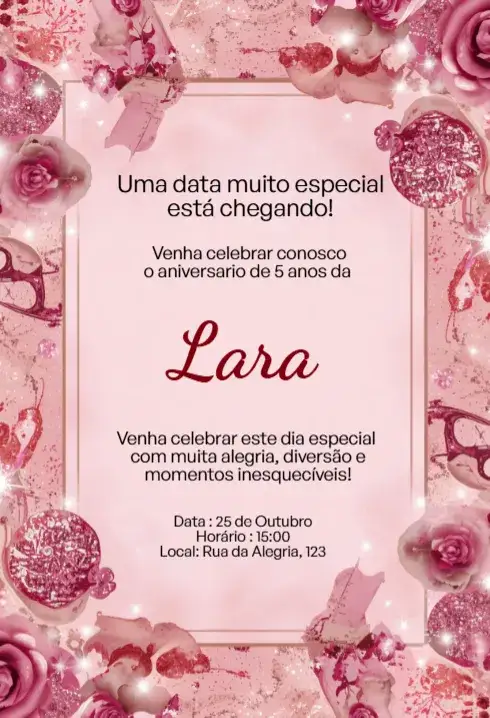 Convite Convite Rosa Delicado com Glitter Editável para Aniversário Infantil – tema Aniversário Infantil rosa, glitter, floral, delicado, princesa