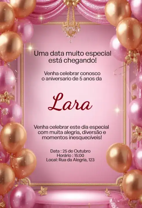 Convite Rosa Luxo com Balões Dourados Editável para Aniversário Infantil