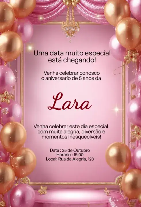 Convite Convite Rosa Luxo com Balões Dourados Editável para Aniversário Infantil – tema Aniversário Infantil rosa, dourado, delicado, feminino, festivo, elegante