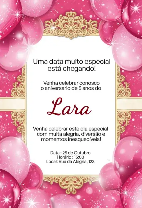 Convite Rosa Luxo com Balões e Moldura Dourada Editável para Aniversário Infantil Tags