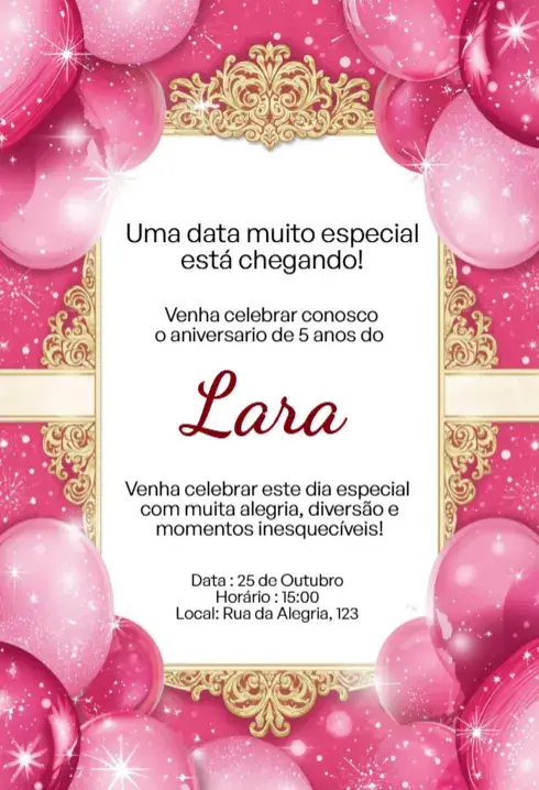 Rosa Luxury Invitation with Balloons and Editable Golden Frame for Children's Birthday Tags