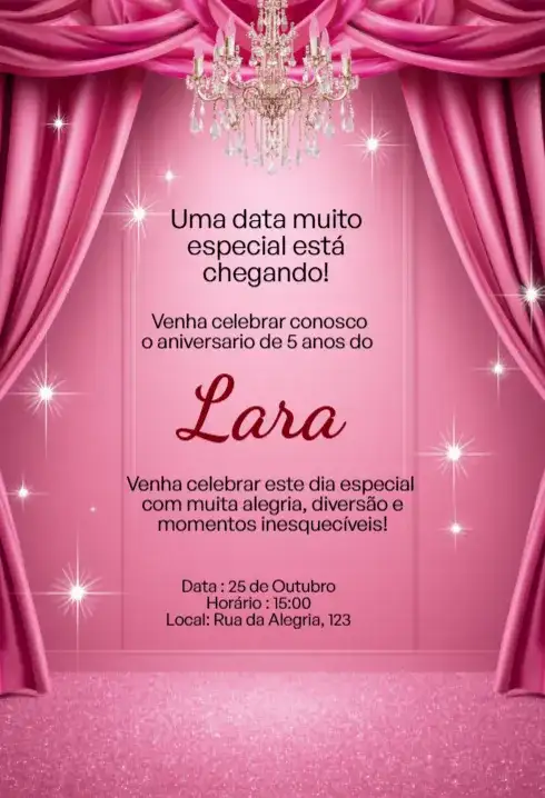 Convite Rosa Luxo com Cortina Editável para Aniversário Infantil